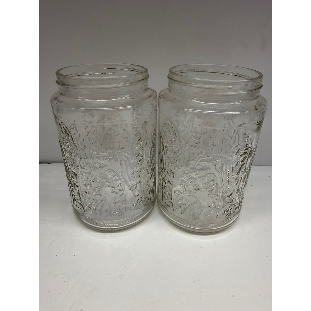 Vintage Lilies of the Valley Clear Glass Jars Embossed Floral Canisters Set of 2